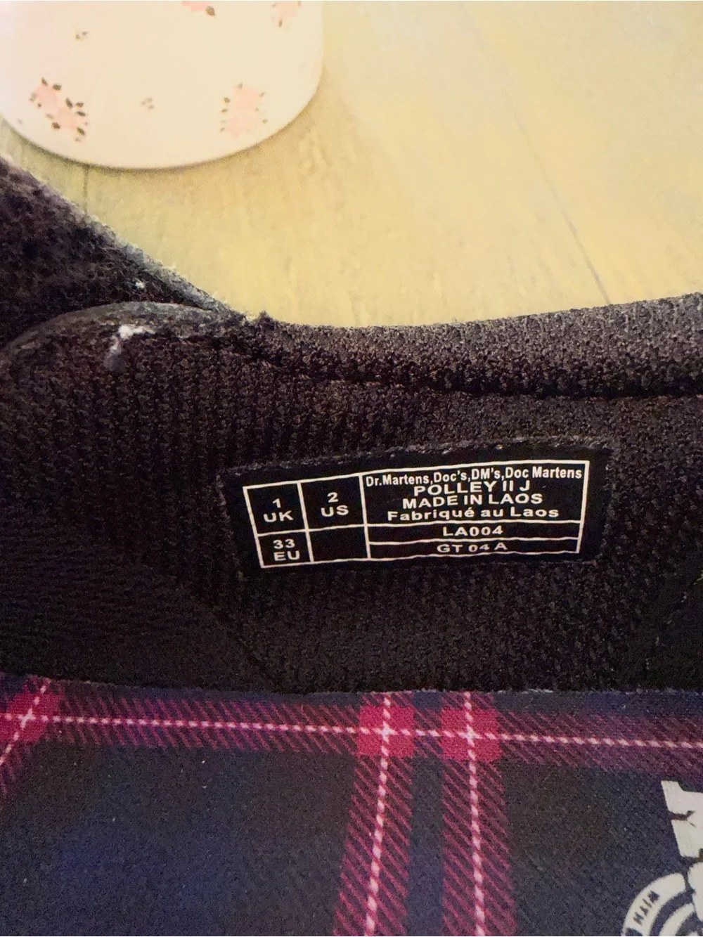Dr. Martens Black and Pink Plaid Mary Jane Shoes with Heart Buckle